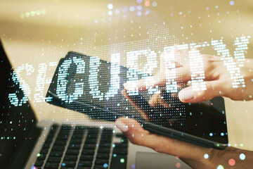 Poster - Cyber security creative concept with finger clicks on a digital tablet on background. Double exposure