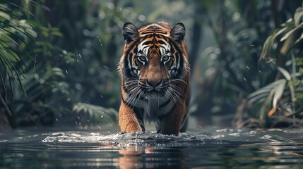 up-close encounter with a wild male tiger in the river, a thrilling glimpse into the world of big ca
