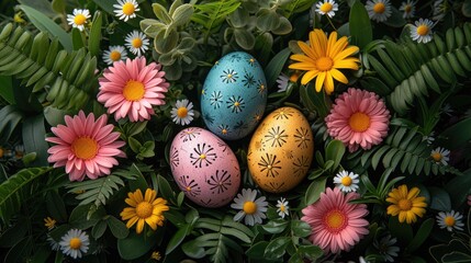 Vividly painted Easter eggs tucked in a lush bed of spring flowers and greenery, capturing the essence of the Easter season.