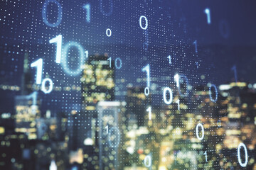 Aufkleber - Abstract virtual binary code sketch on blurry office buildings background, hacking and matrix concept. Multiexposure