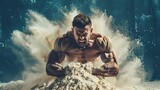Fototapeta  - extremely displeased bodybuilder hitting huge pile of protein powder