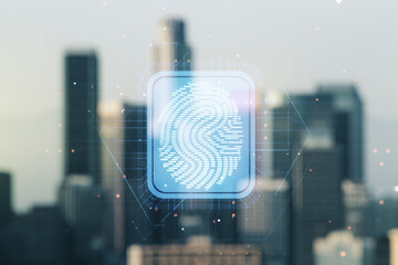 Aufkleber - Multi exposure of virtual abstract fingerprint illustration on blurry skyline background, digital access concept