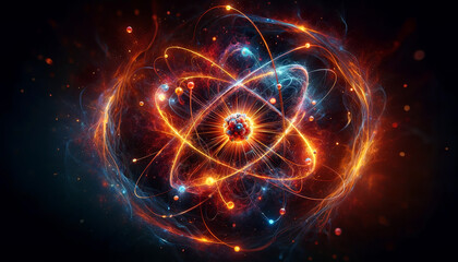 abstract representation of an atom with electrons orbiting around a nucleus, glowing with energy and