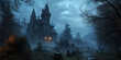 Gothic Castle with Moonlit Cemetery Scene
