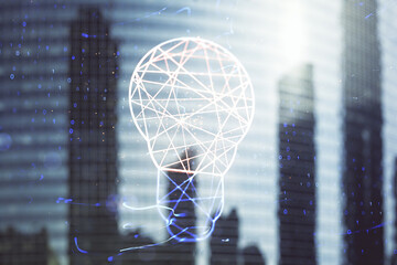 Poster - Virtual Idea concept with light bulb illustration on office buildings background. Multiexposure