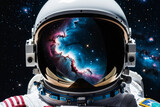 Fototapeta Kosmos - A close-up of an astronaut's helmet visor, reflecting a nebula in the cosmos