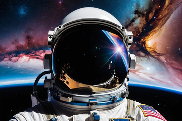 Wall Mural - A close-up of an astronaut's helmet visor, reflecting a nebula in the cosmos