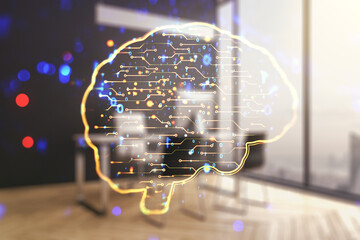 Poster - Creative artificial Intelligence concept with human brain hologram and modern desktop with computer on background. Multiexposure