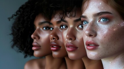 Wall Mural - Studio headshot of beautiful multiethnic girls with natural beauty and glowing smooth skin.