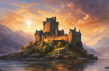 Wall Mural - sunset over the castle