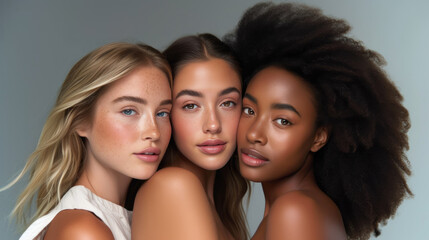 Poster - Studio headshot of beautiful multiethnic girls with natural beauty and glowing smooth skin.