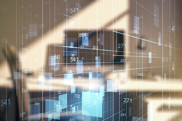 Poster - Abstract creative stats data concept and modern desktop with computer on background. Multiexposure