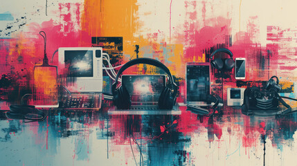 Poster - Abstract technology-themed collage with vibrant red and yellow accents, featuring a variety of devices and dynamic elements