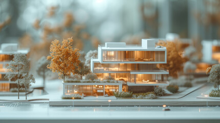 Aufkleber - Miniature representation of a modern residential structure, exuding elegance with its clean lines and autumn-inspired palette, set in a serene landscape