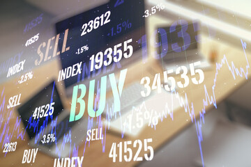 Aufkleber - Double exposure of abstract creative financial chart and modern desktop with laptop on background, research and strategy concept