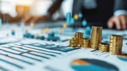 Aufkleber - Coins stacked on vibrant market chart symbolize financial growth, investment strategies, and wealth accumulation, ideal for analyzing economic trends and forecasting business success