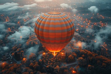 A breathtaking aerial shot captures a hot air balloon glowing in the early morning light while hovering over a mist-covered forest