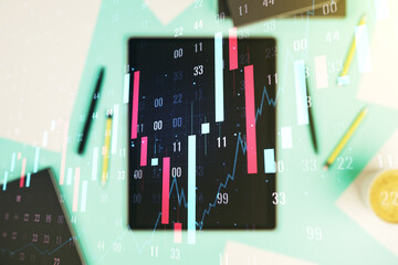 Aufkleber - Double exposure of abstract creative financial diagram and modern digital tablet on background, banking and accounting concept