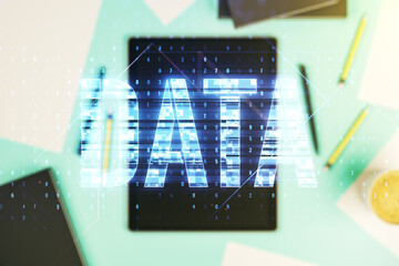 Aufkleber - Creative Data word hologram and modern digital tablet on background, big data and blockchain concept. Multiexposure