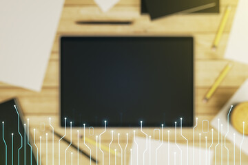 Aufkleber - Double exposure of circuit hologram and digital tablet on background, top view. Research and development hardware concept