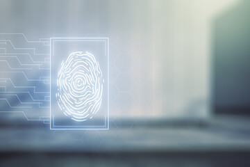 Poster - Multi exposure of virtual abstract fingerprint illustration on blurry modern office building background, digital access concept