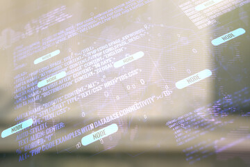 Aufkleber - Multi exposure of abstract programming language hologram and world map on contemporary business center exterior background, artificial intelligence and neural networks concept