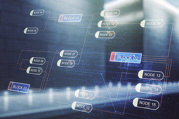 Poster - Multi exposure of abstract graphic coding sketch on blurry contemporary office building background, big data and networking concept