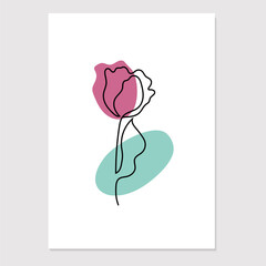 Wall Mural - Line art floral poster with colourful spots. Minimalistic illustration with tulip. 
