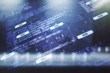 Aufkleber - Abstract virtual coding illustration and world map on blurry contemporary office building background, international software development concept. Multiexposure