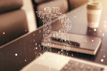Poster - Double exposure of creative Bitcoin symbol with modern laptop on background. Cryptocurrency concept