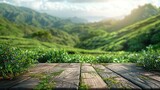 Fototapeta Miasta - Wooden table on green tea mountain and blurry meadow A refreshing and relaxing concept. For editing product showcases or designing important image layouts. View of the copy space