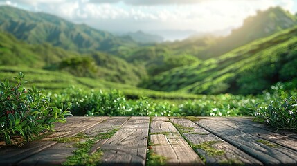 Wooden table on green tea mountain and blurry meadow A refreshing and relaxing concept. For editing product showcases or designing important image layouts. View of the copy space