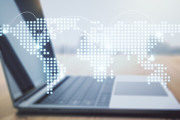 Poster - Abstract creative world map with connections on modern laptop background, international trading concept. Multiexposure