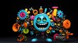 © Sadushi - Closeup of cog wheel comedy cartoon character isolated on dark background. Gear cartoon character. Multi color rainbow cartoon machine gear. Engine concept.