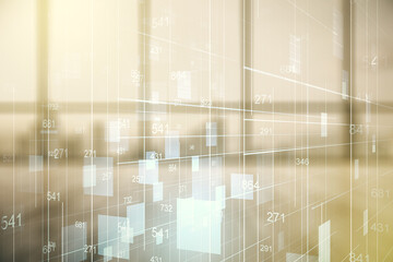 Poster - Abstract virtual stats data hologram on empty corporate office background. Multiexposure