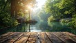 Wooden table in blurry green forest and lake or swamp A refreshing and relaxing concept.