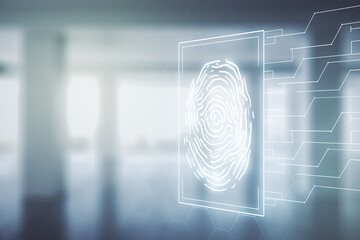 Aufkleber - Double exposure of virtual creative fingerprint hologram on empty modern office background, research and development concept