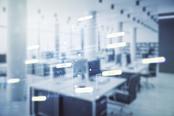Poster - Multi exposure of abstract graphic coding sketch on a modern furnished classroom background, big data and networking concept