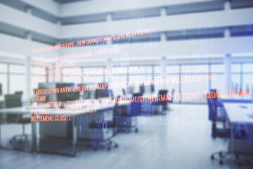 Leinwandbilder - Abstract virtual coding concept on a modern furnished office background. Multiexposure