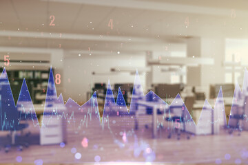 Poster - Double exposure of abstract creative statistics data hologram on a modern furnished office interior background, analytics and forecasting concept