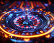 An up close depiction of a decorative roulette wheel in a casino setting illuminated by bright neon lights for a captivating visual experience