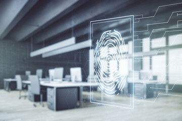 Aufkleber - Multi exposure of virtual graphic fingerprint sketch on a modern furnished classroom background, fingerprint scan data concept
