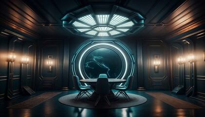 Poster - Futuristic spaceship interior with round table. Future concept.
