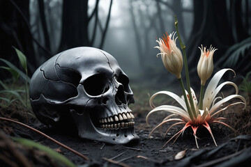 Wall Mural - Fantasy illustration of a skull and flowers in a dark swamp