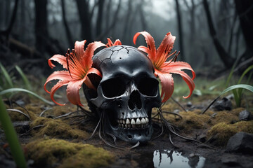 Sticker - Fantasy illustration of a skull and flowers in a dark swamp