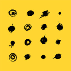 Wall Mural - Set of hand drawn doodle circles in a grunge style. Scribble doodle circle and point. Vector illustration for bullet journal. Isolated yellow background. Collection black shapes dots and drops.