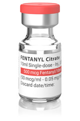 Wall Mural - A vial of the Fentanyl drug used as an analgesic but also source of the opioid crisis. Isolated on white with reflection