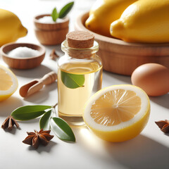 Wall Mural - glass bottle of lemon essential oil on white background