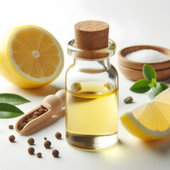 Wall Mural - glass bottle of lemon essential oil on white background