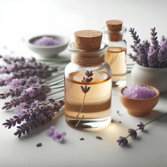 Poster - glass bottle of lavander essential oil on white background